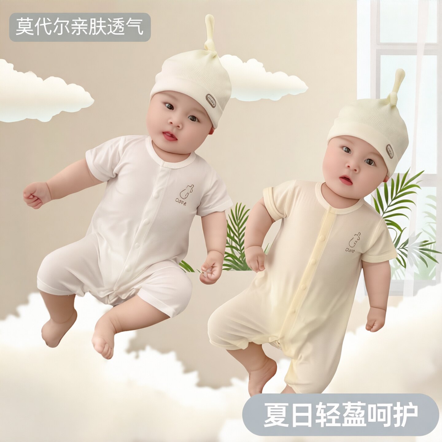 日本进口新生儿网眼婴幼儿夏装短袖夏日童装莫代尔婴儿连身衣