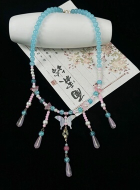 国风新中式汉服项链湖蓝色古风配饰流苏软璎珞吊坠清新甜美锆石