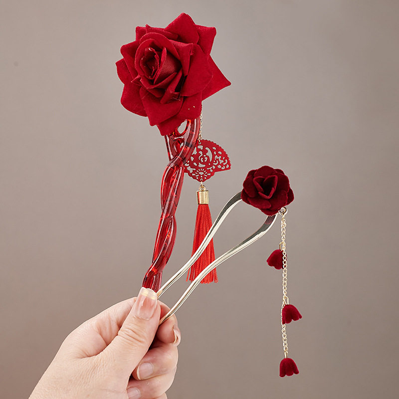 新中式红色玫瑰流苏发簪古风婚庆头饰喜庆发钗新年氛围感气质头饰,饰品/流行首饰/时尚饰品新,民族风发饰,淘宝优惠券,粉丝福利购,淘宝优惠卷