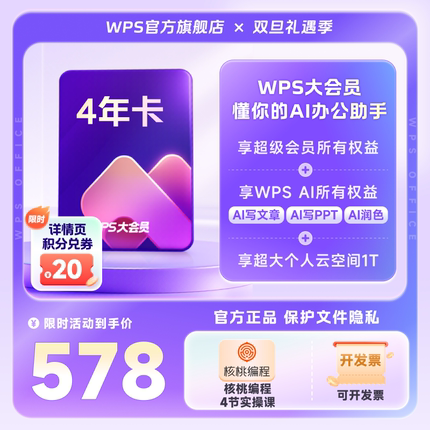 WPS大会员4年官方正版WPS AI写公式PPT生成海报模板PDF文档编辑