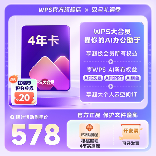 WPS大会员4年官方正版WPS AI写公式PPT生成海报模板PDF文档编辑