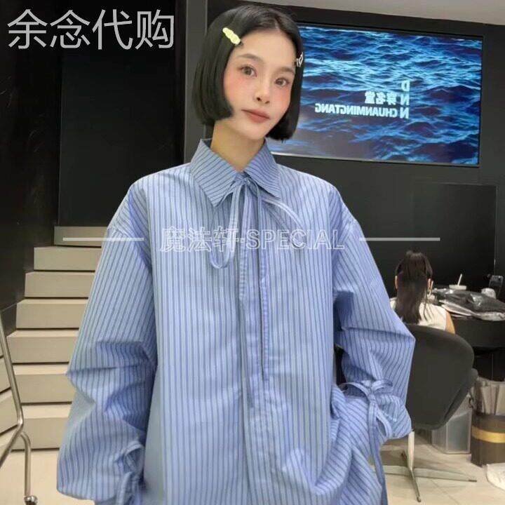 【现货】条纹衬衫女长袖2025新款翻领蝴蝶结中长版宽松欧货上衣q