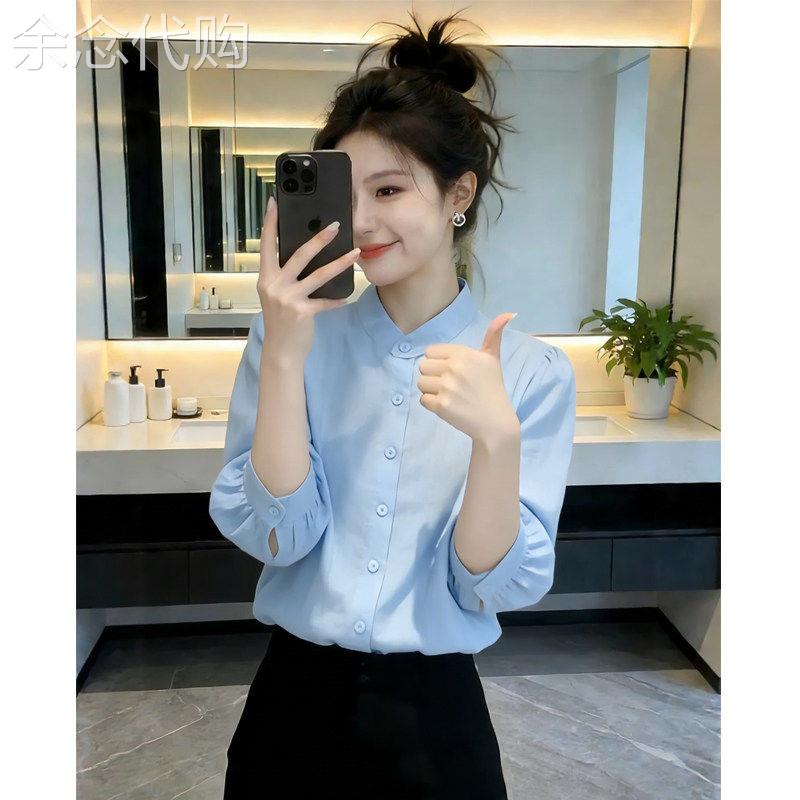 通勤风衬衫女夏新款气质百搭时尚立领单排扣显瘦修身中袖衬衣上衣