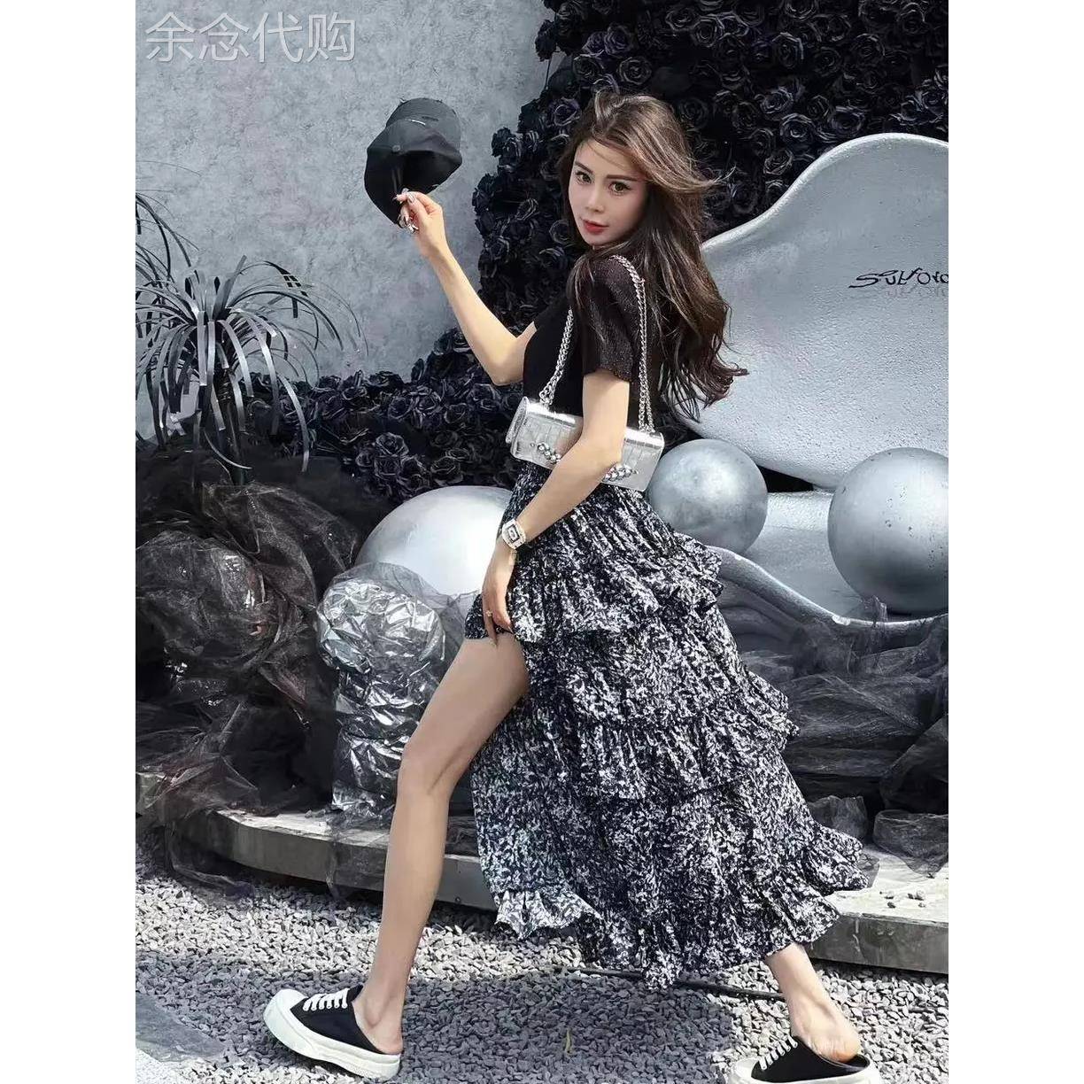 潮牌松紧腰开叉碎花半身裙女2025夏季新款高腰时尚A字长裙套装女