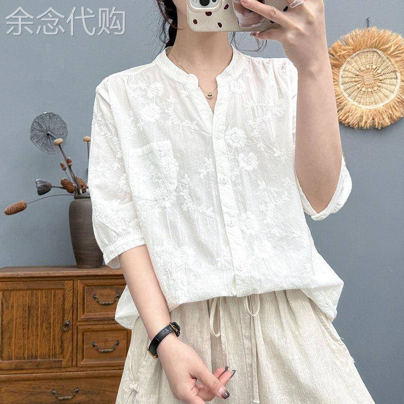 白色刺绣短袖衬衫女夏季2026新款宽松显瘦时尚休闲衬衣五分袖上衣
