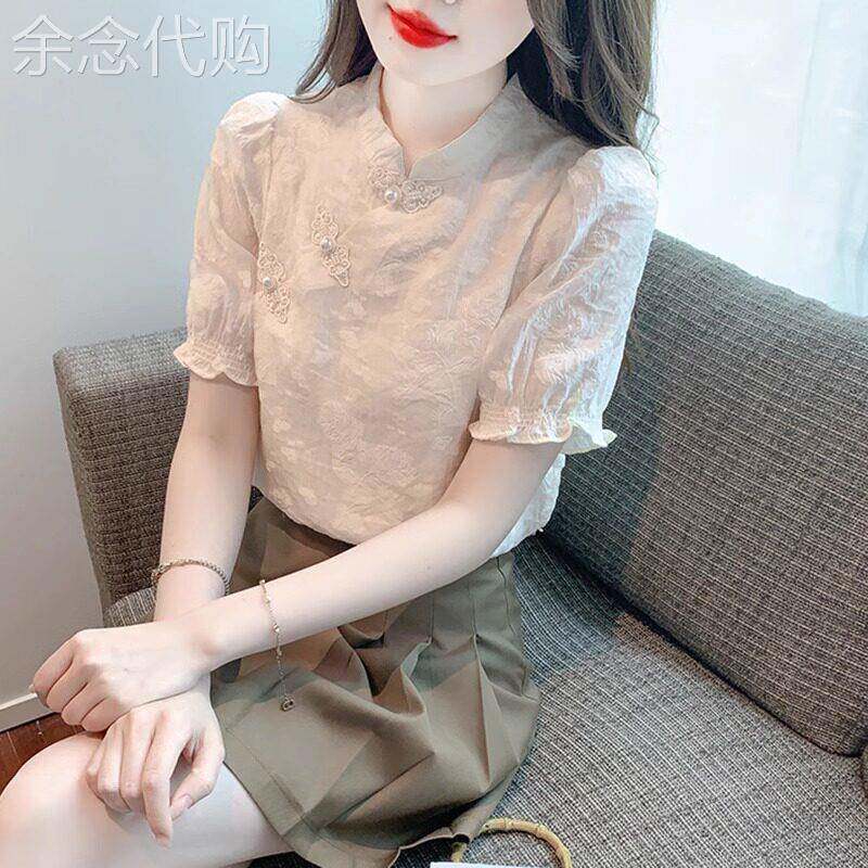 短袖t恤女2026新款夏季薄款立领新中式国风盘扣雪纺小衫气质上衣