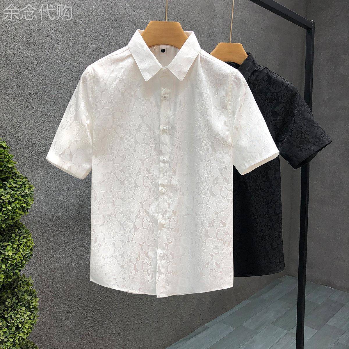 短袖衬衫男夏季韩版潮牌痞帅高级提花纹上衣时尚百搭修身薄款衬衣