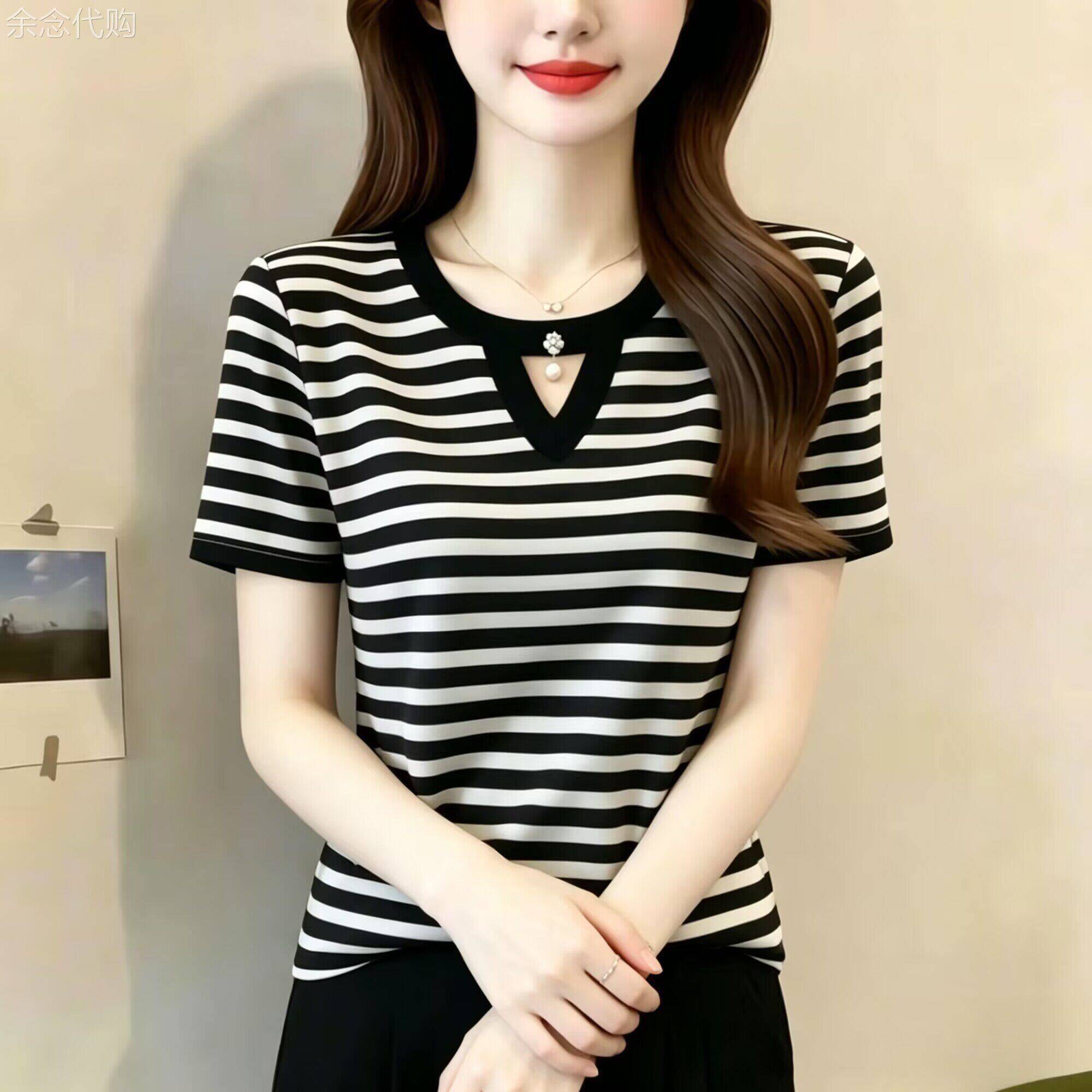 条纹正肩短袖T恤女2026年夏季新款镂空时尚百搭修身显瘦减龄上衣