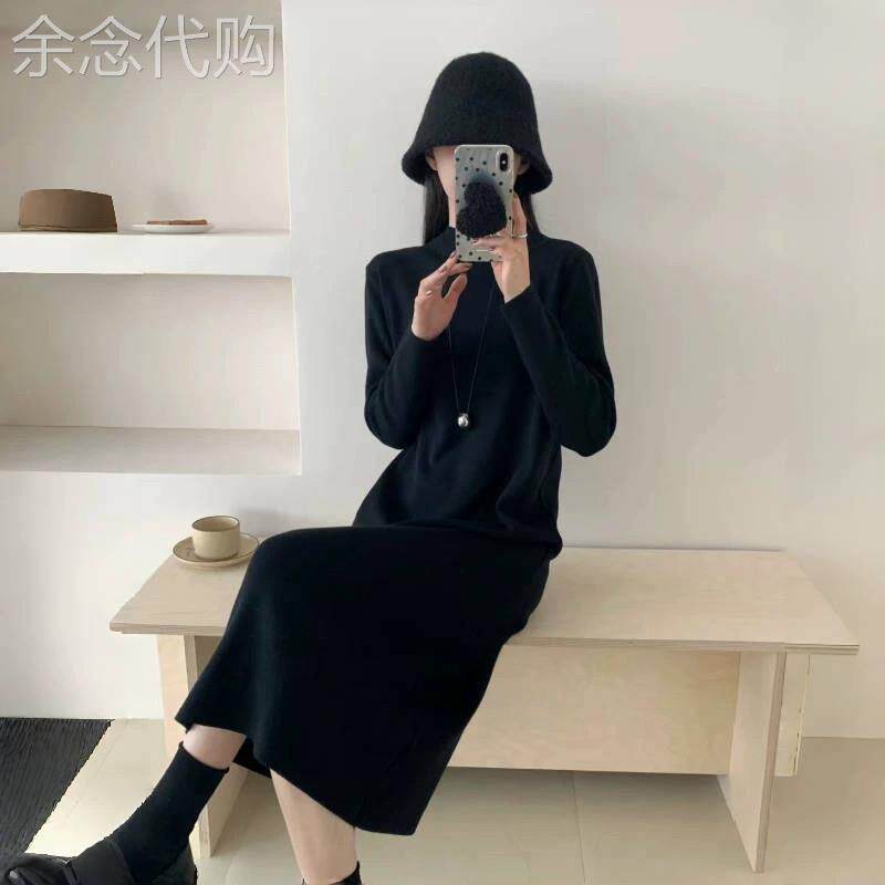 欧洲站2026新款慵懒风半高领直筒毛衣裙长袖黑色针织连衣裙女秋冬
