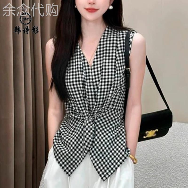 设计感黑白格子背心女夏季通勤百搭无袖衬衫时髦优雅扭结显瘦上衣