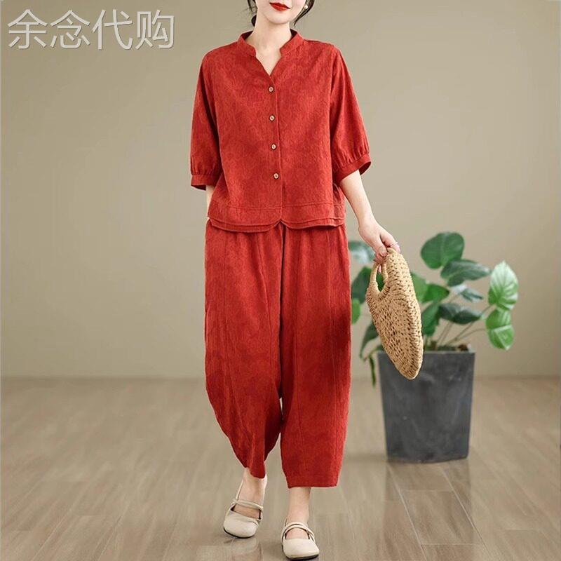 中老年妈妈棉麻短袖套装 夏季减龄高端亚麻两件套 V领纽扣女装牧