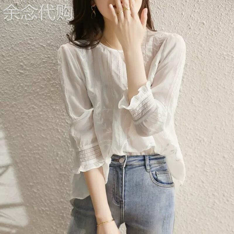 欧洲站白色棉麻衬衫女高级感轻奢2026夏新款薄绣花设计感宽松小衫