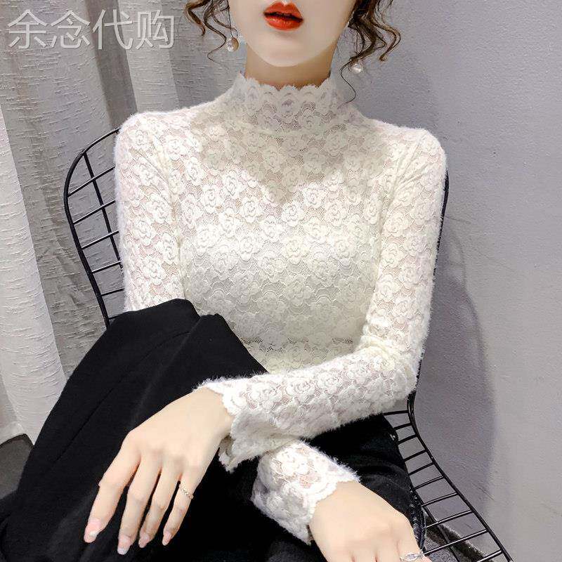 半高领蕾丝打底衫女士秋冬加厚时尚保暖洋气小衫长袖内搭网纱上衣