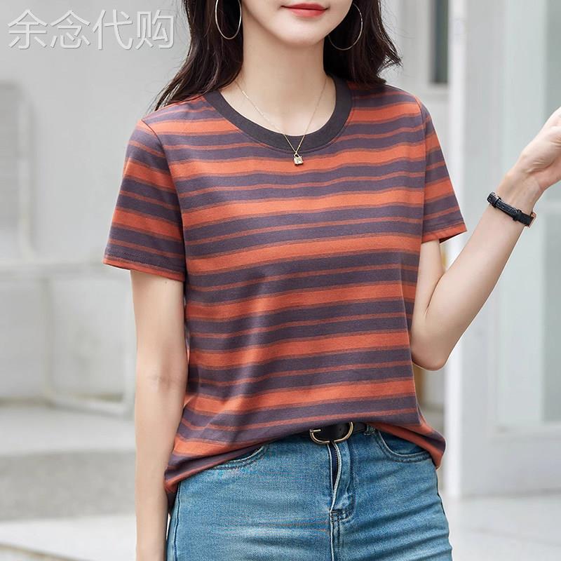 条纹短袖T恤女士夏季薄款2026新款韩版宽松显瘦撞色T恤洋派上衣