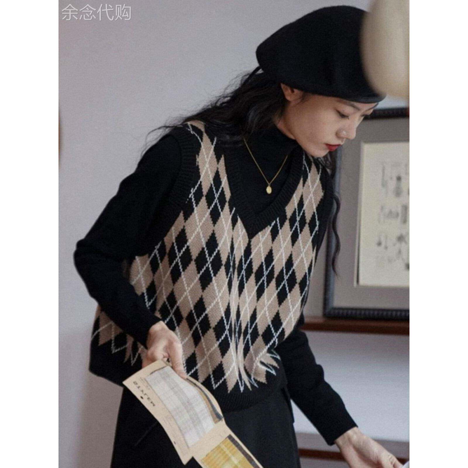 V领针织马甲女春秋冬欧货羊绒菱形千鸟格毛衣小香风背心坎肩马夹