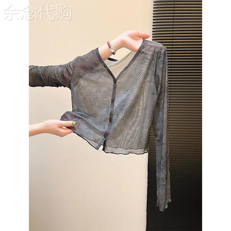 黑灰色复古V领网纱短外套女夏季欧货百搭款防晒开衫外搭显瘦上衣