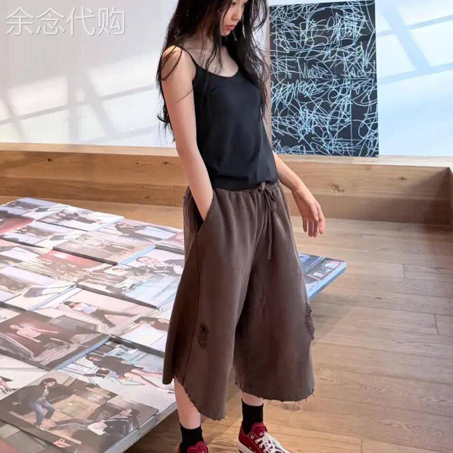 虞书欣同款运动裤水洗破洞美式高街复古做旧废土风阔腿休闲七分裤
