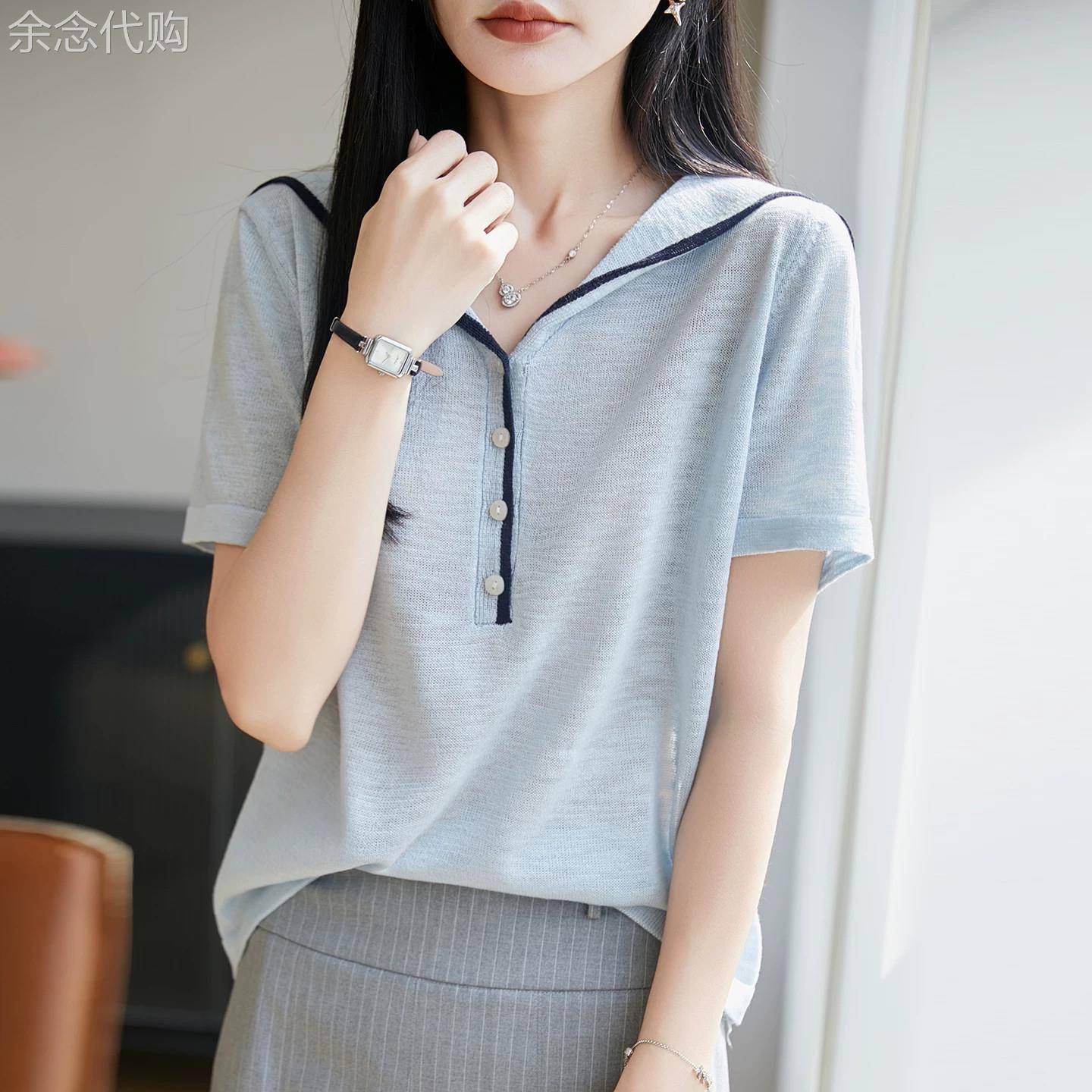 竹节麻正肩短袖T恤女夏季薄款2026年新款时尚洋派海军领V领上衣女