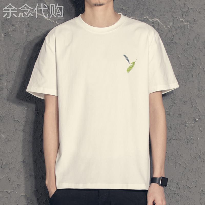短袖t恤男士夏季薄款圆领半袖打底衫简约纯色羽毛刺绣情侣T恤衫