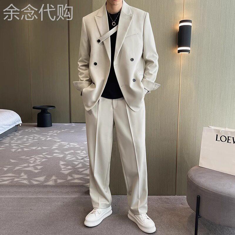 西服套装男士春秋季韩版宽松纯色高级感西装高街潮流休闲痞帅男装