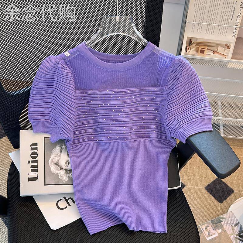 冰丝短袖t恤女夏季薄款2025新款修身短款泡泡袖针织小衫半袖上衣