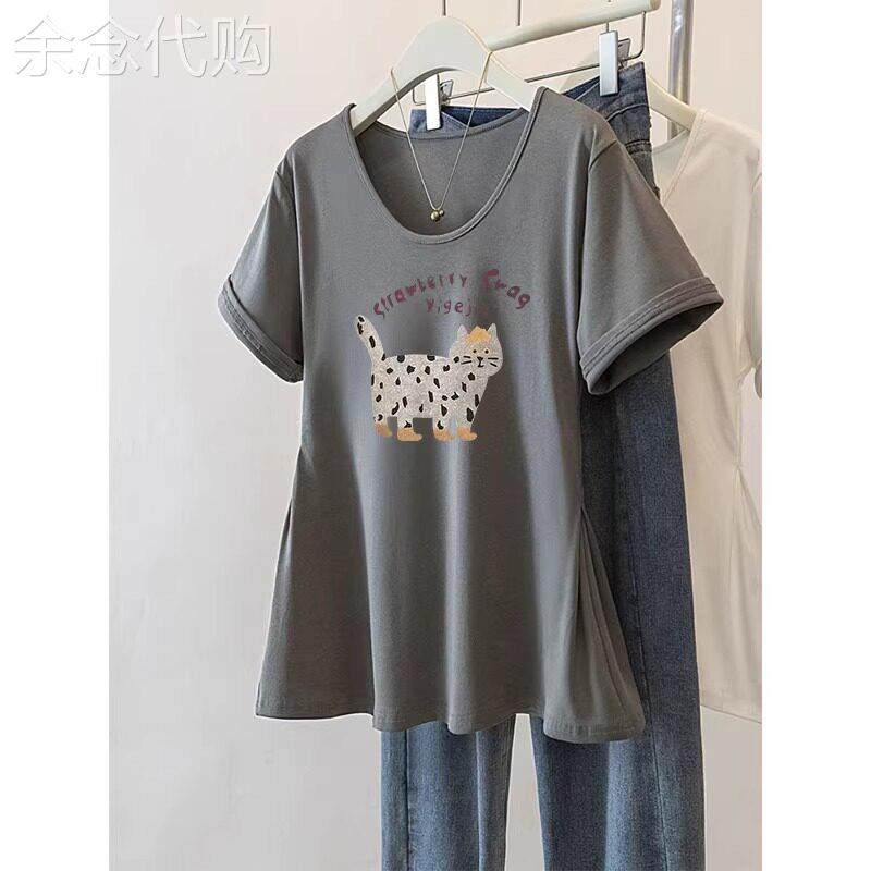 正肩短袖t恤女夏季薄款2026新款收腰洋气显瘦大码胖mm体恤衫上衣