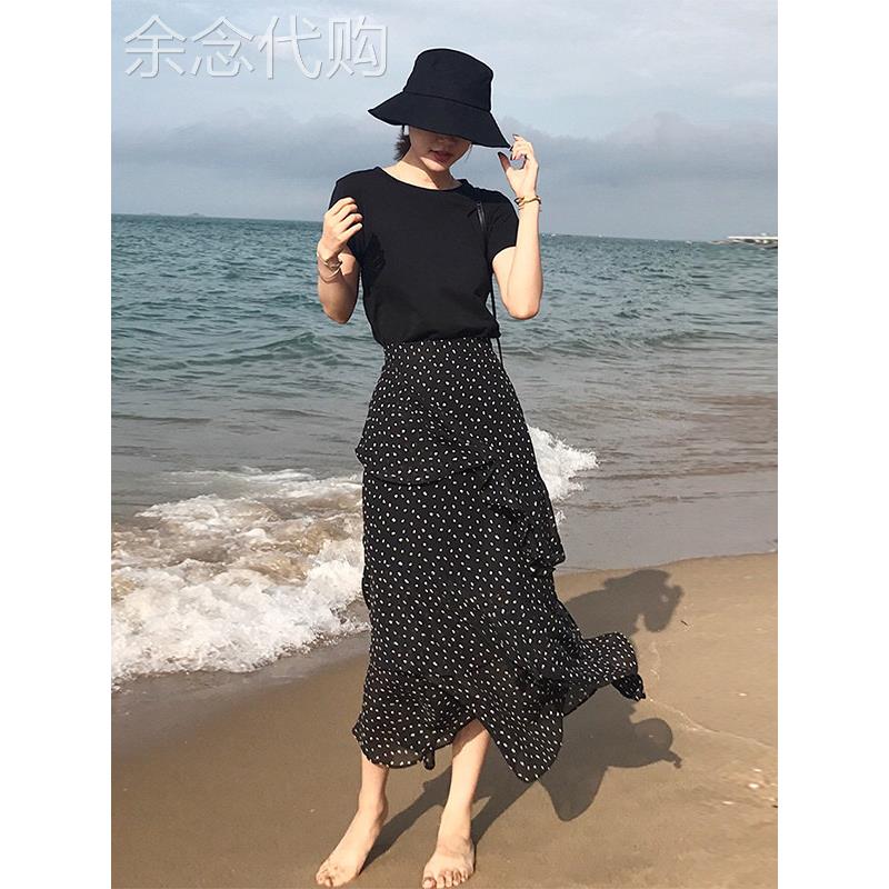 黑色碎花波点半身裙女夏季欧洲站中长款不规则雪纺百搭a字蛋糕裙
