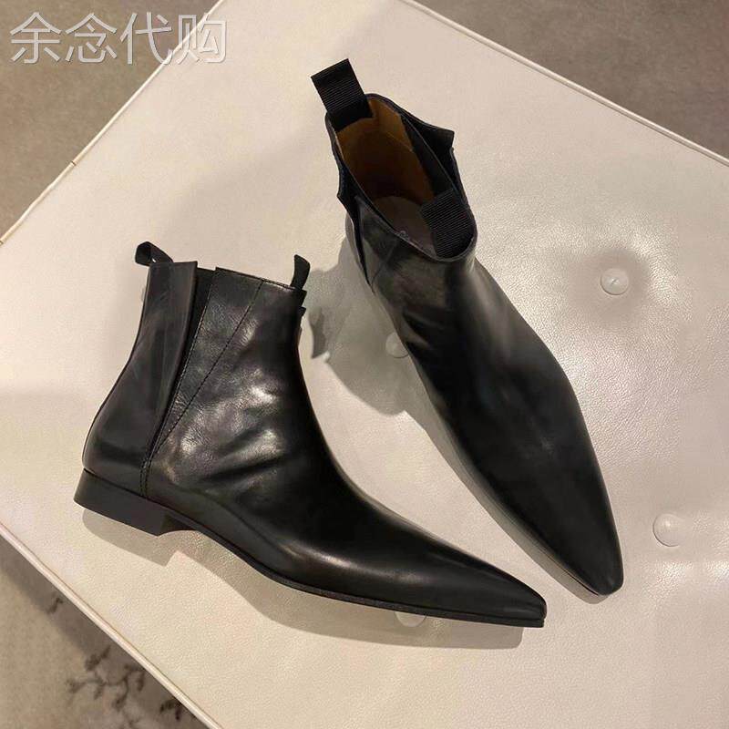 真皮尖头平底短靴女2025新款冬季复古内增高棕色靴子巨好看瘦瘦靴