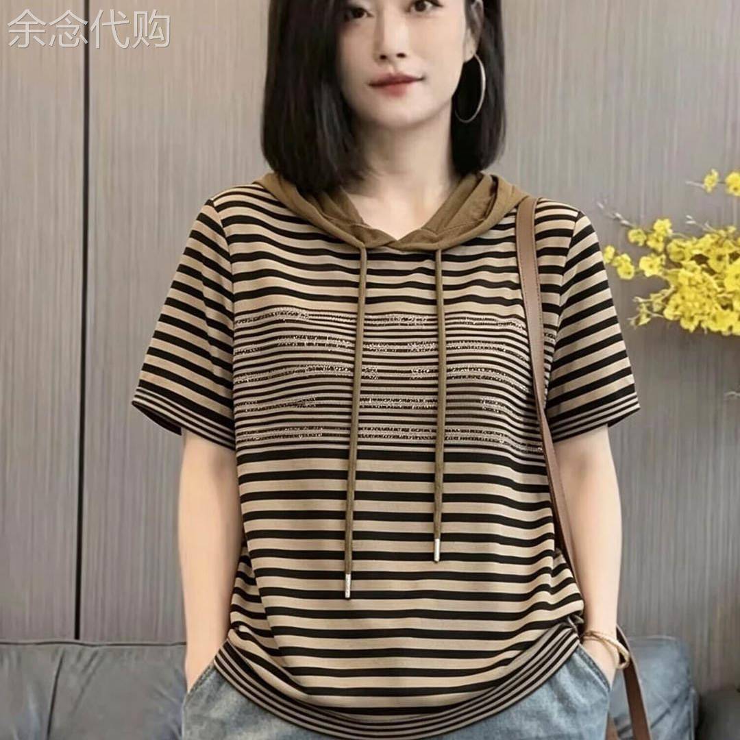 洋派休闲连帽条纹短袖T恤女夏季大尺码宽松显瘦减龄妈妈装遮肚上