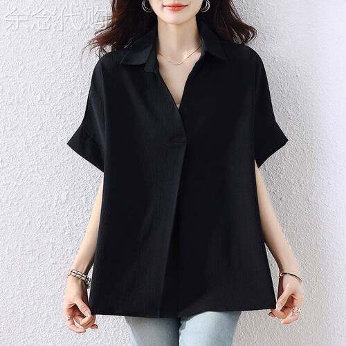 翻领短袖衬衫女夏新款大码宽松设计感小众POLO领蝙蝠袖衬衣上衣薄