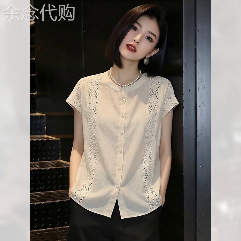 蕾丝镂空亚麻短袖衬衫女夏季2026年新款漂亮上衣显瘦减龄休闲小衫