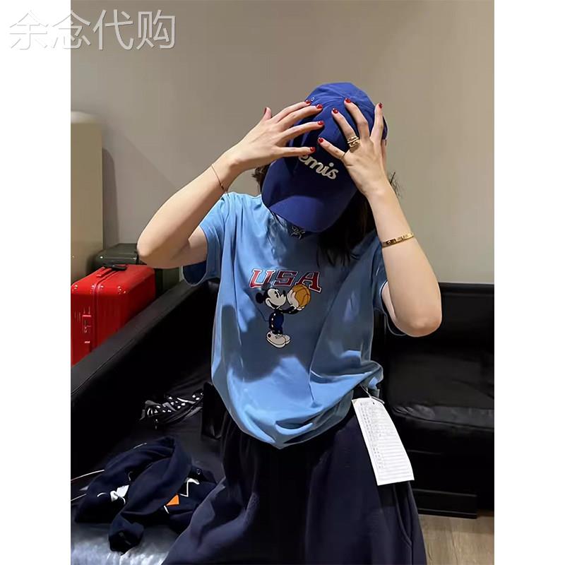 天蓝色美式卡通风米奇短袖T恤女春夏欧货印花通勤百搭款套头上衣