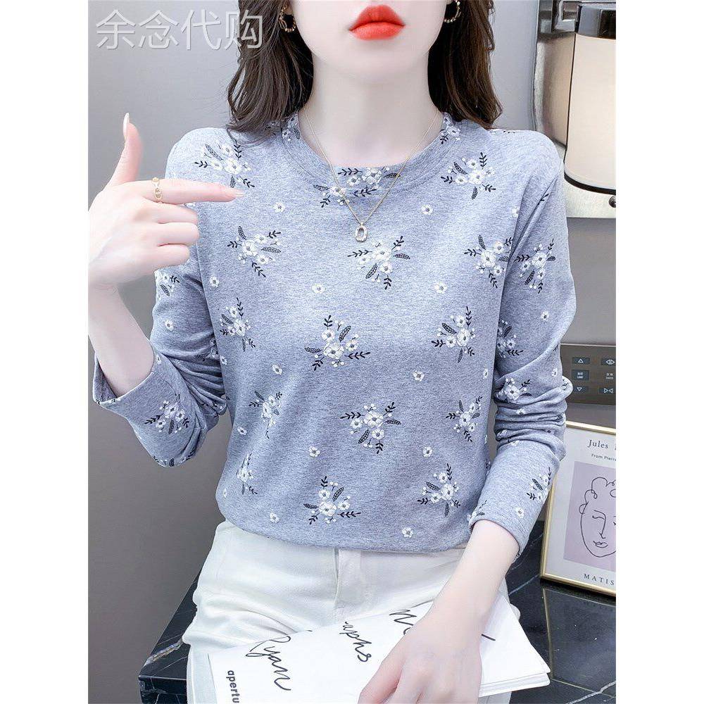 潮牌纯棉圆领打底衫女秋季新款百搭修身内搭印花长袖t恤女上衣服