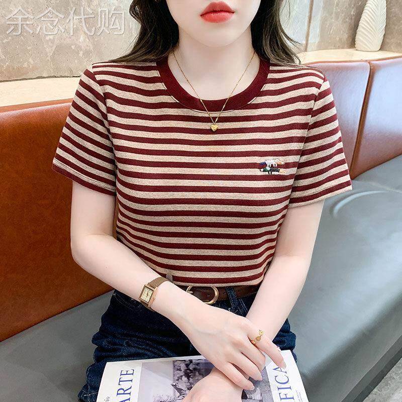 潮牌条纹刺绣短袖t恤女宽松体恤圆领夏季洋气雪纺衫新款正肩上衣