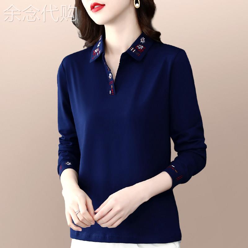 纯棉长袖t恤女春秋款2025年新款宽松洋派翻领绣花休闲上衣打底衫