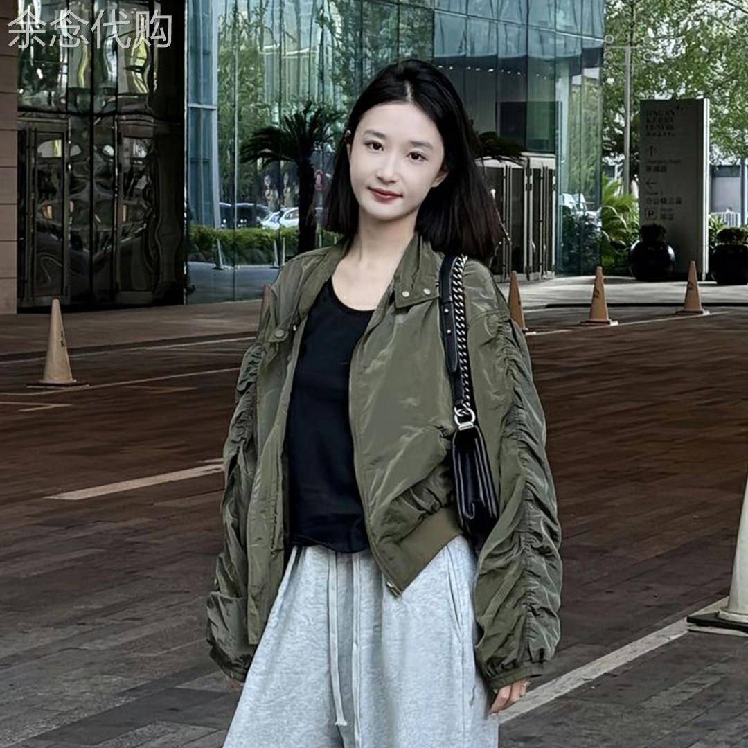绿色美式复古冲锋衣短外套女2026春季高级感小个子棒球服夹克上衣