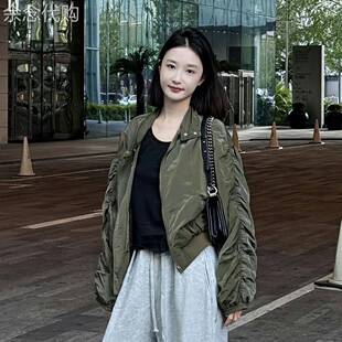 绿色美式复古冲锋衣短外套女2026春季高级感小个子棒球服夹克上衣