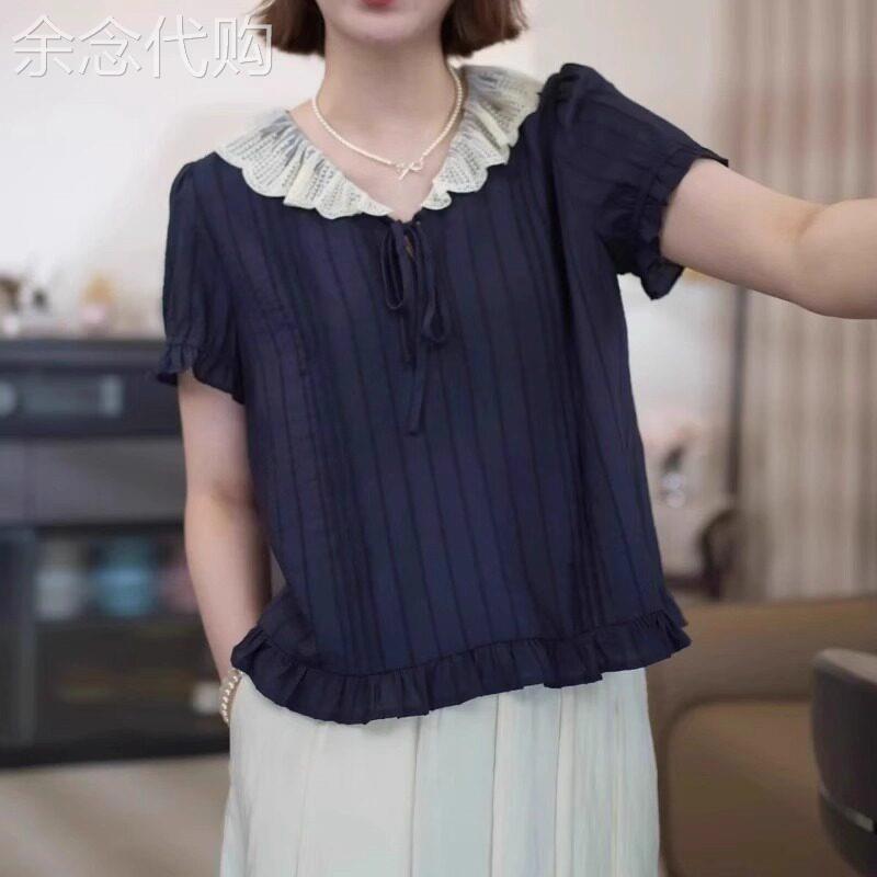 法式撞色娃娃领短袖衬衫女夏季2026新款设计感宽松条纹气质上衣女