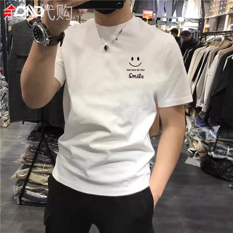 高端冰丝美式短袖男款2026新款夏季薄款白色笑脸印花男士短袖T恤