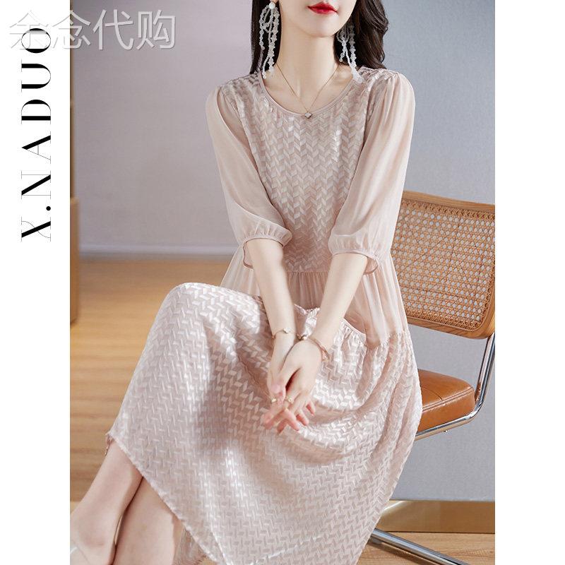 夏季新款时尚正品桑蚕丝连衣裙杭州品牌真丝刺绣收腰裙子中长显瘦