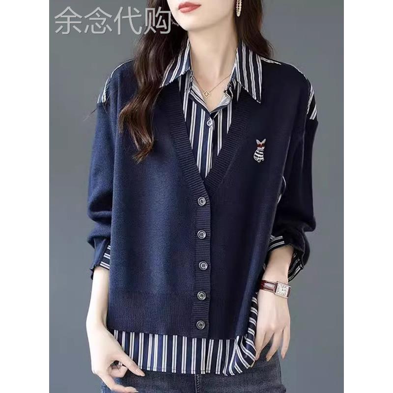 条纹衬衫女2025春秋新款胖妹妹设计感小众针织拼接假两件休闲衬衣