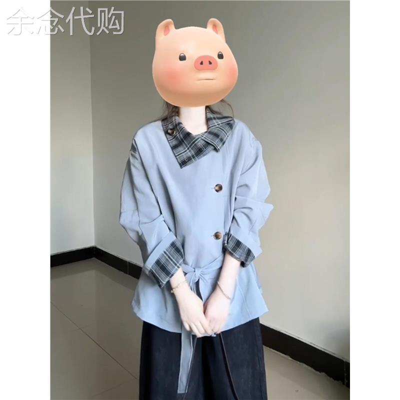 春季2026新款高级感系带收腰夹克上衣韩里韩气蓝色翻领风衣外套女