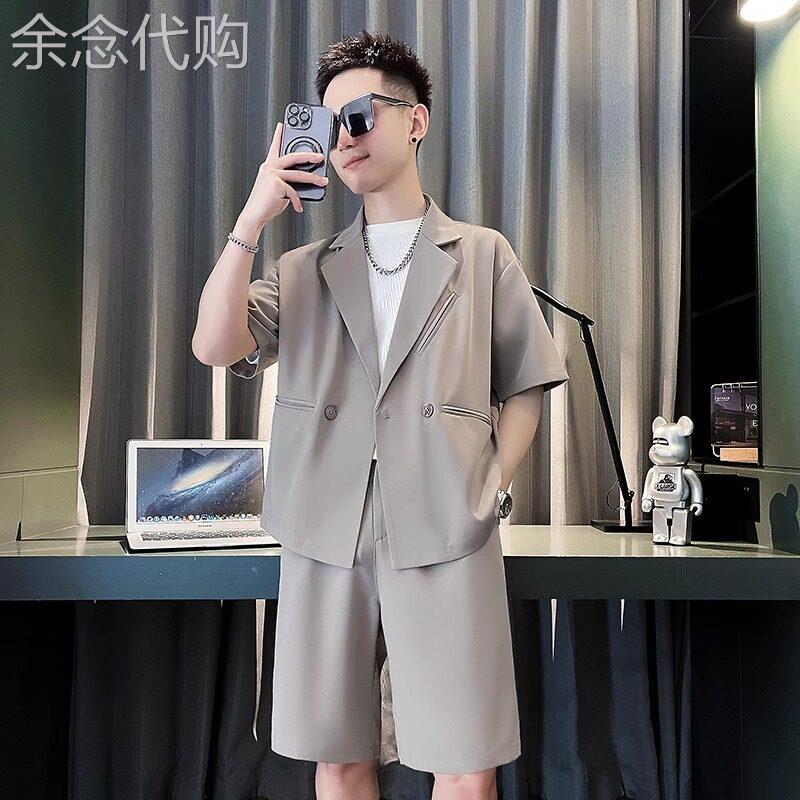 轻奢高级感垂感短袖西服套装男夏季西裤五分短裤休闲西装男装一套
