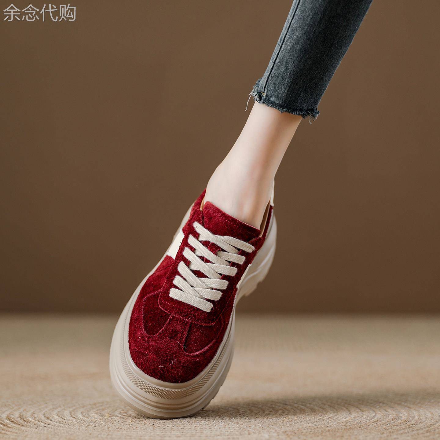 西班牙小众品牌ONGYSL厚底松糕鞋女增高红色德训鞋秋季复古运动鞋