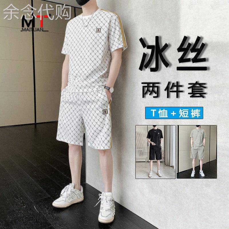 高端冰丝休闲套装男士2025新款夏季潮牌短袖t恤运动短裤夏天男装