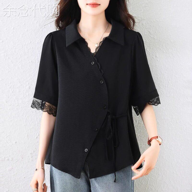 翻领短袖衬衫女夏季新款时尚设计感蕾丝拼接女士POLO领衬衣上衣薄