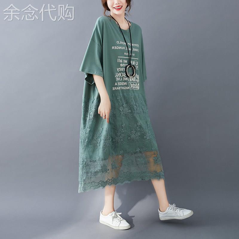 蕾丝拼接t恤连衣裙女2026夏季新款欧货爆款裙子休闲a字中长大摆裙