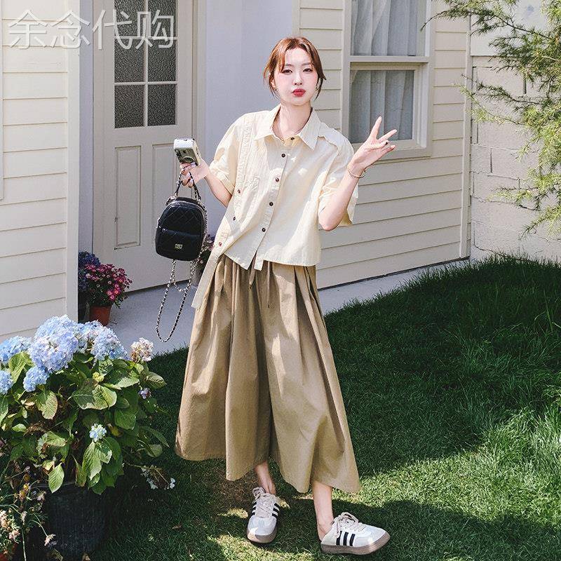 韩系慵懒chic套装女夏2026新款独特别致不规则衬衫阔腿裤裙两件套