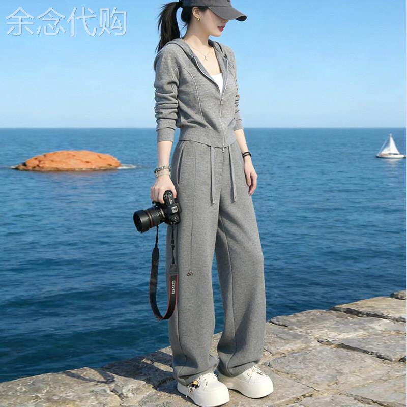 欧洲站连帽卫衣休闲时尚套装女2026新款春秋冬加绒加厚开衫两件套