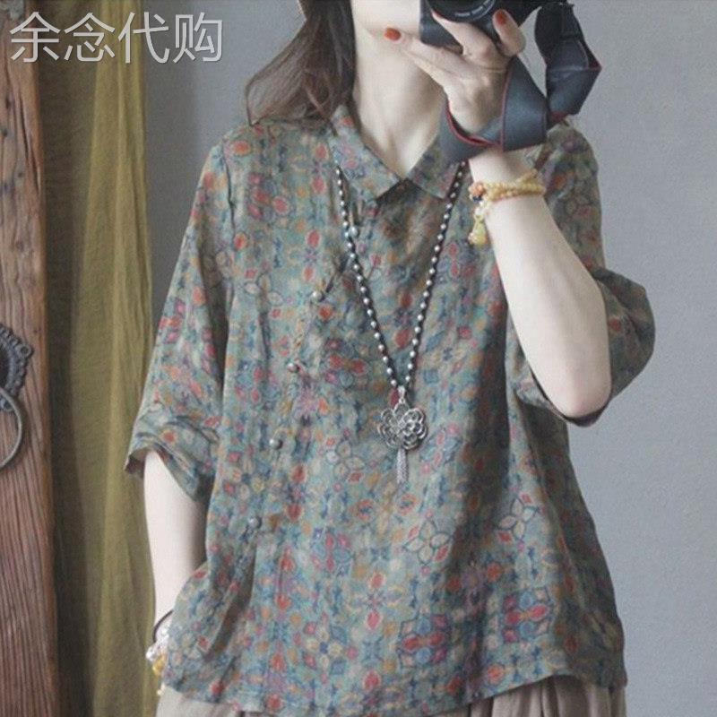 复古碎花棉麻短袖衬衫女秋夏新款品牌薄款宽松五分袖翻领苎麻上衣